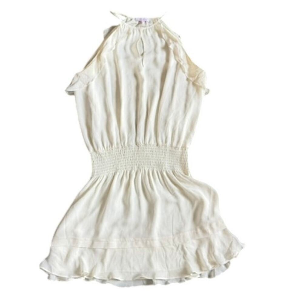 Parker 100% Silk Halter Dress Womens L Ivory Keyhole Smocked Waist Mini